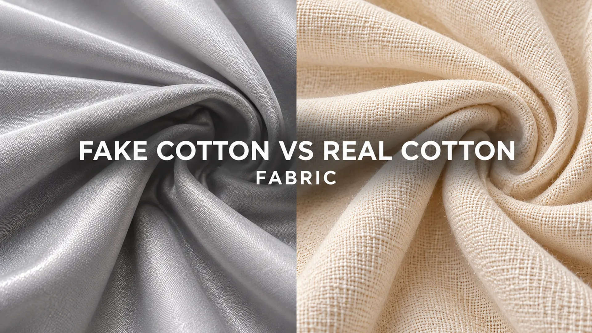 Fake cotton fabric vs real cotton, showing grey and cream fabric textures side by side.